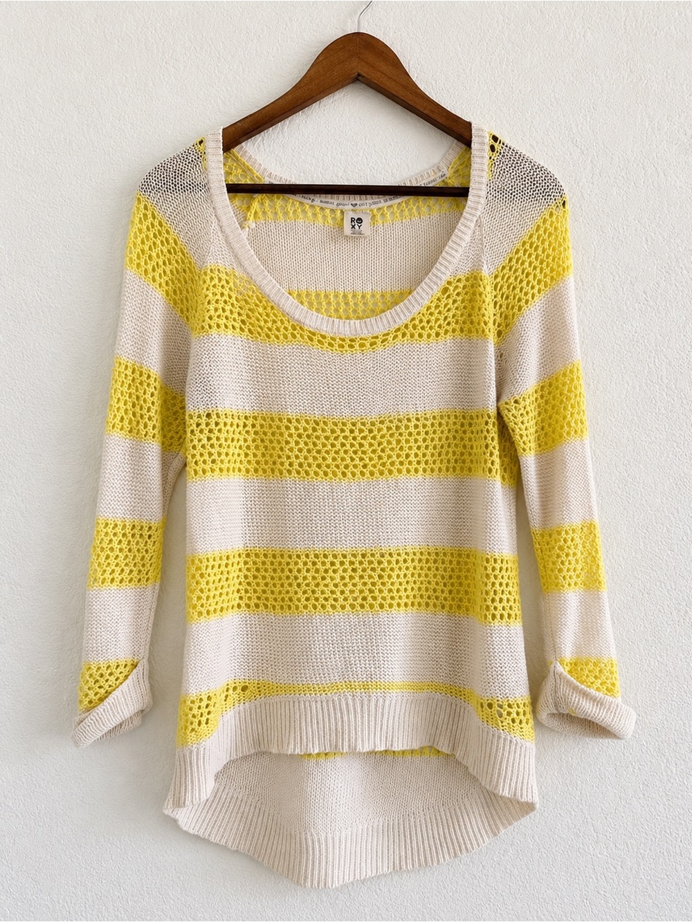 Roxy Yellow and Cream Striped Scoop Neck Sweater